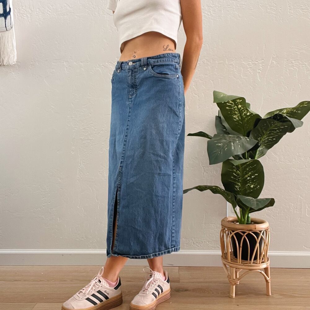 Authentic Vintage 90s/Y2K Denim Front Slit Midi Skirt Faded Glory - Picture 4 of 5